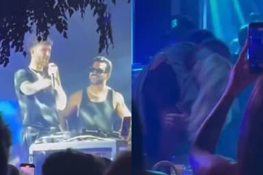 Léo Pereira no palco de festa de jogadores do Flamengo e beijando Karoline Lima