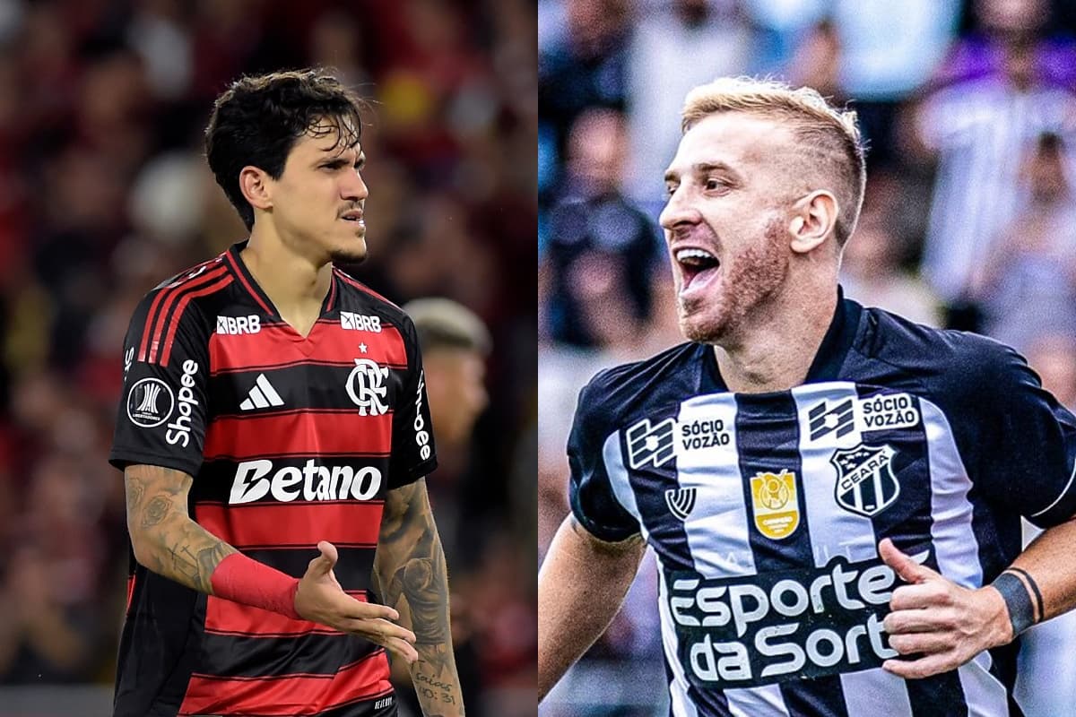 Montagem da esquerda pra direita: Pedro durante partida do Flamengo e Pedro Henrique comemorando gol pelo Ceará