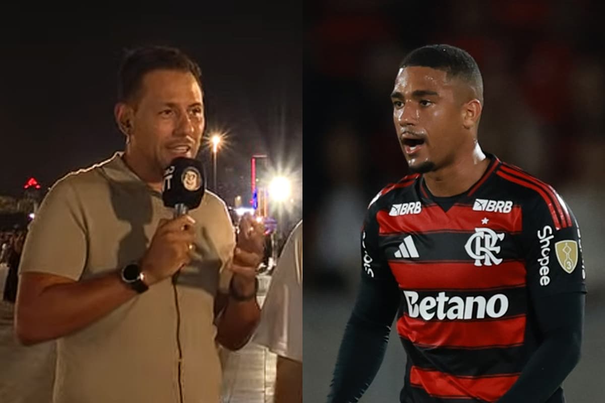 Montagem com Diego Alves durante programa da CazéTV e Samuel Lino durante Flamengo x Estudiantes