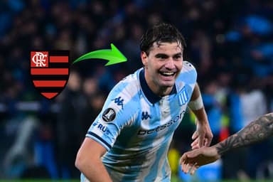 Montagem com Santiago Sosa sorrindo durante jogo do Racing, ao lado o escudo do Flamengo com uma seta verde