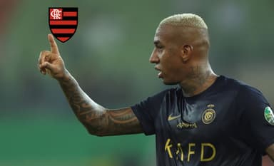 Talisca, em jogo do Al-Nassr; escudo do Flamengo