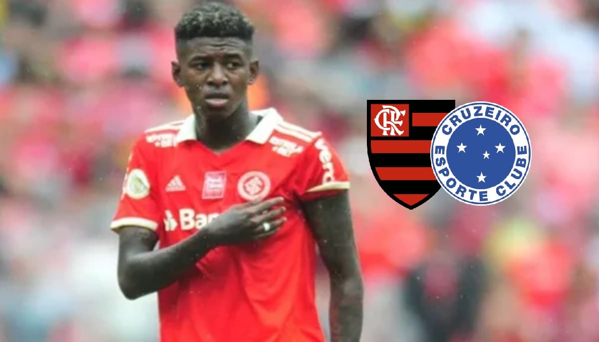 Vitão, zagueiro do Internacional, e escudos do Flamengo e do Cruzeiro