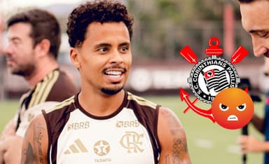 Allan em treino do Flamengo; escudo do Corinthians