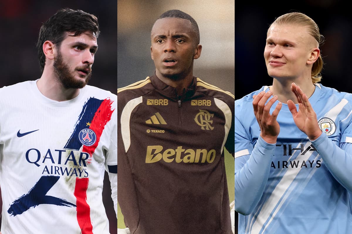 Kvaratskhelia (PSG), Andrew (Flamengo) e Haaland (Manchester City) lado a lado em montagem