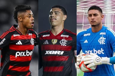 Bruno Henrique, Iago Teodoro e Dyogo Alves jogando com a camisa do Flamengo