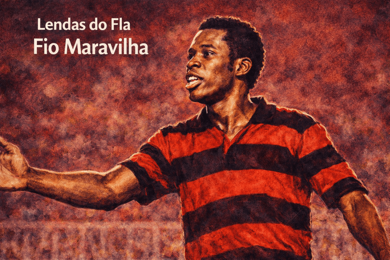 Fio Maravilha com a camisa do Flamengo em 1972, em arte editorial inspirada na imagem histórica.