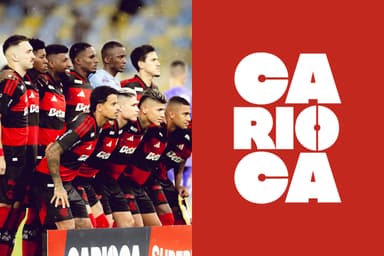 Elenco do Flamengo em 2026 e logo do Carioca 2026 com fundo vermelho