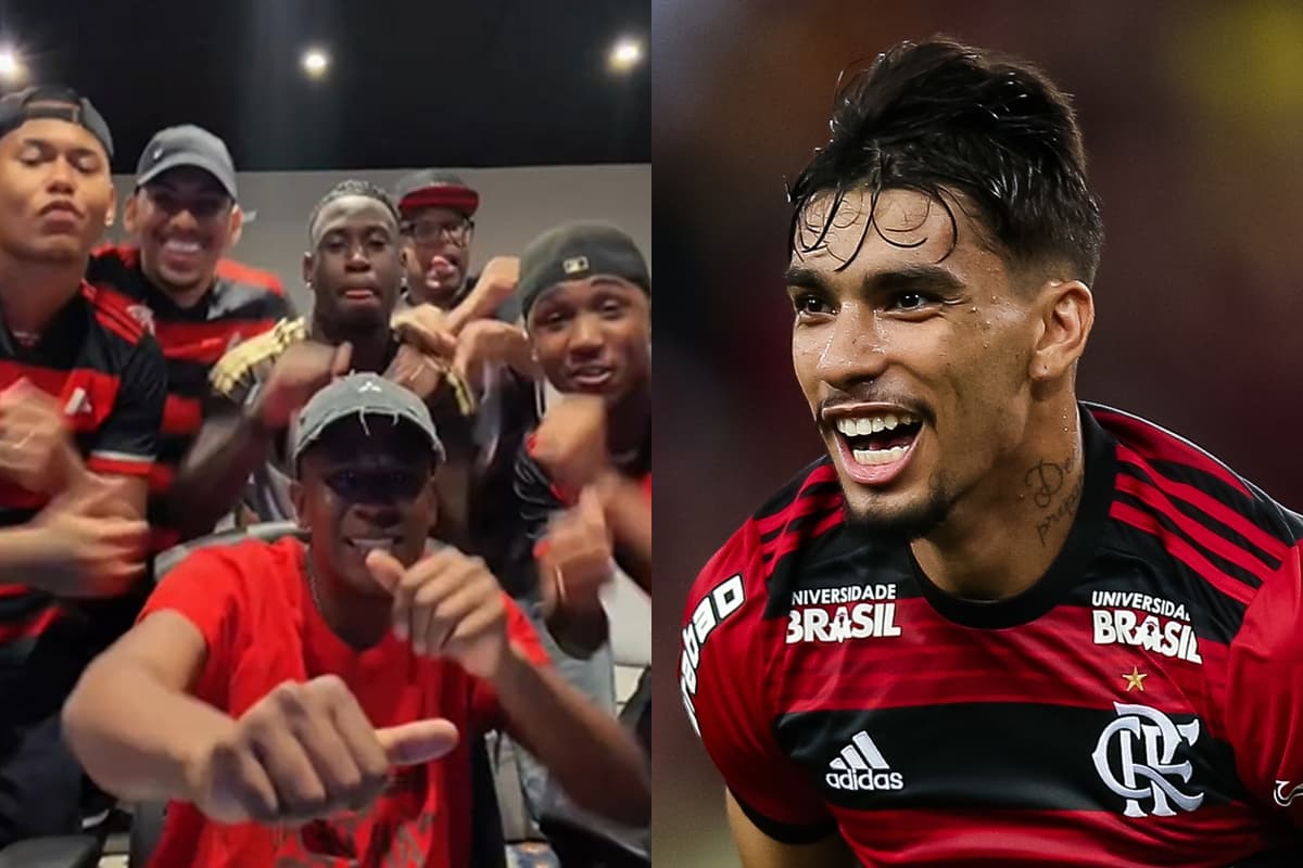 Trecho de vídeo sobre funk do Paquetá, ao lado do jogador comemorando gol pelo Flamengo em 2018