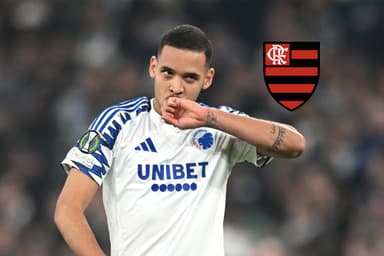 Gabriel Pereira comemorando gol pelo Copenhagen, ao lado, o escudo do Flamengo
