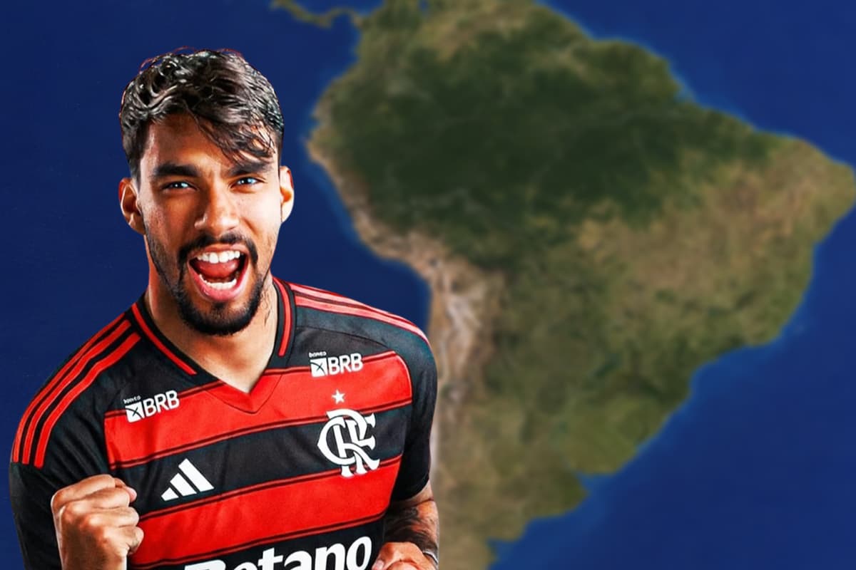 Montagem com Lucas Paquetá com a camisa do Flamengo, ao fundo, a América do Sul