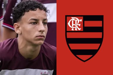Rafael Moraes, da Ferroviária, e escudo do Flamengo com fundo vermelho