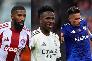 Montagem com Rodinei (Olympiacos), Vini Jr (Real Madrid) e Camilo Durán (Qarabağ)