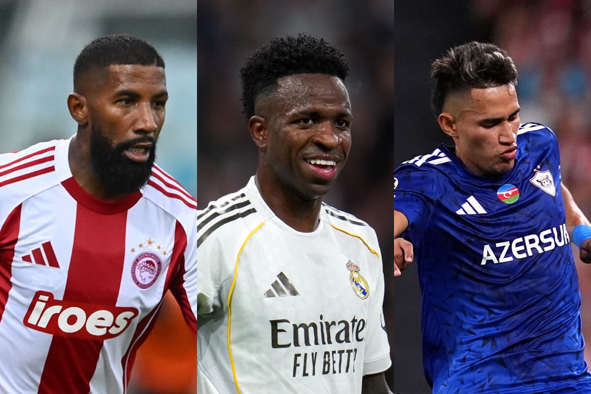 Montagem com Rodinei (Olympiacos), Vini Jr (Real Madrid) e Camilo Durán (Qarabağ)