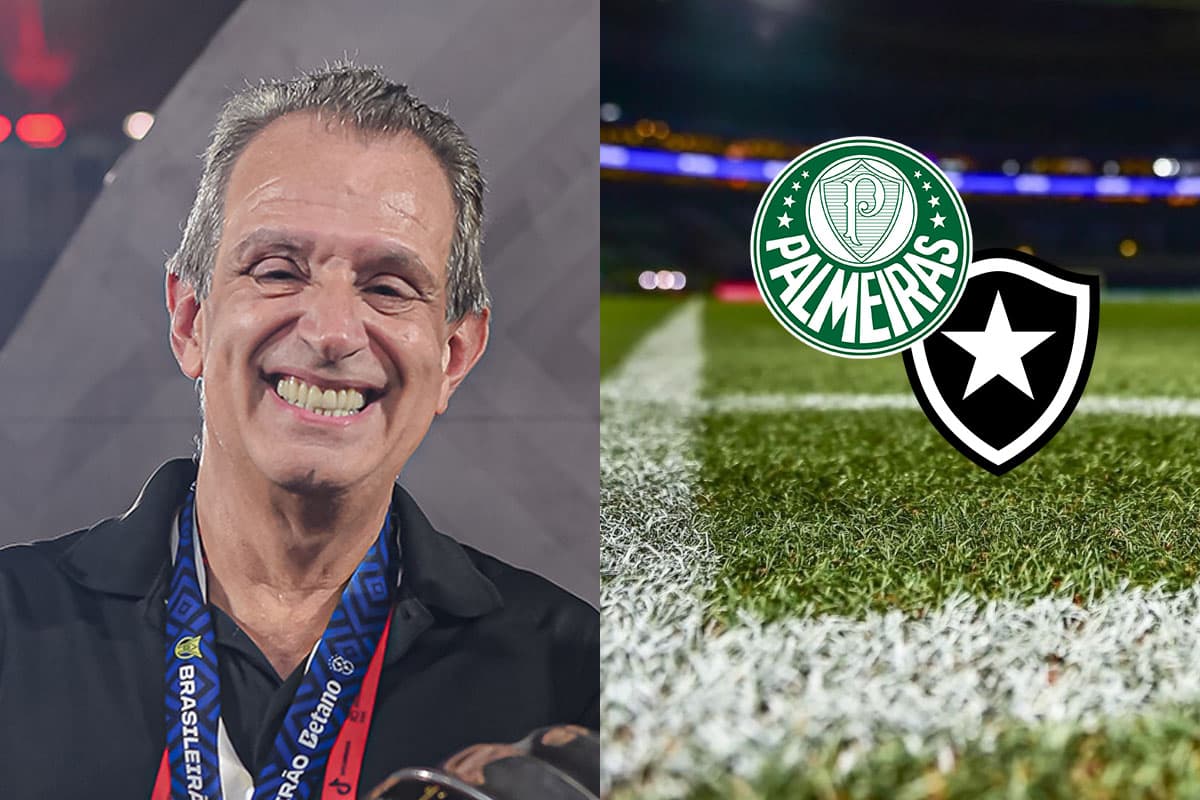 Bap, presidente do Flamengo, ao lado dos escudos de Palmeiras e Botafogo e o gramado sintético do Allianz Parque