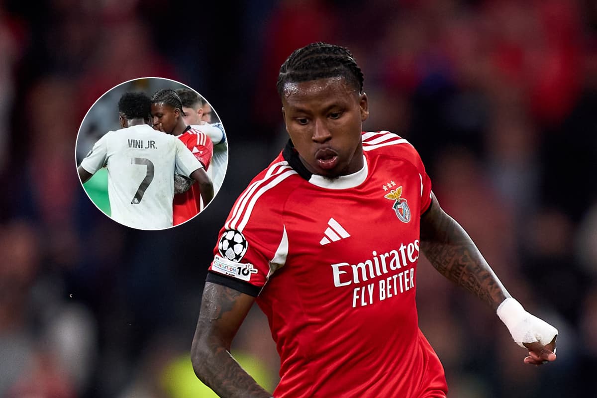 Cabral, do Benfica, ao lado de foto dele pedindo camisa do Vini Jr