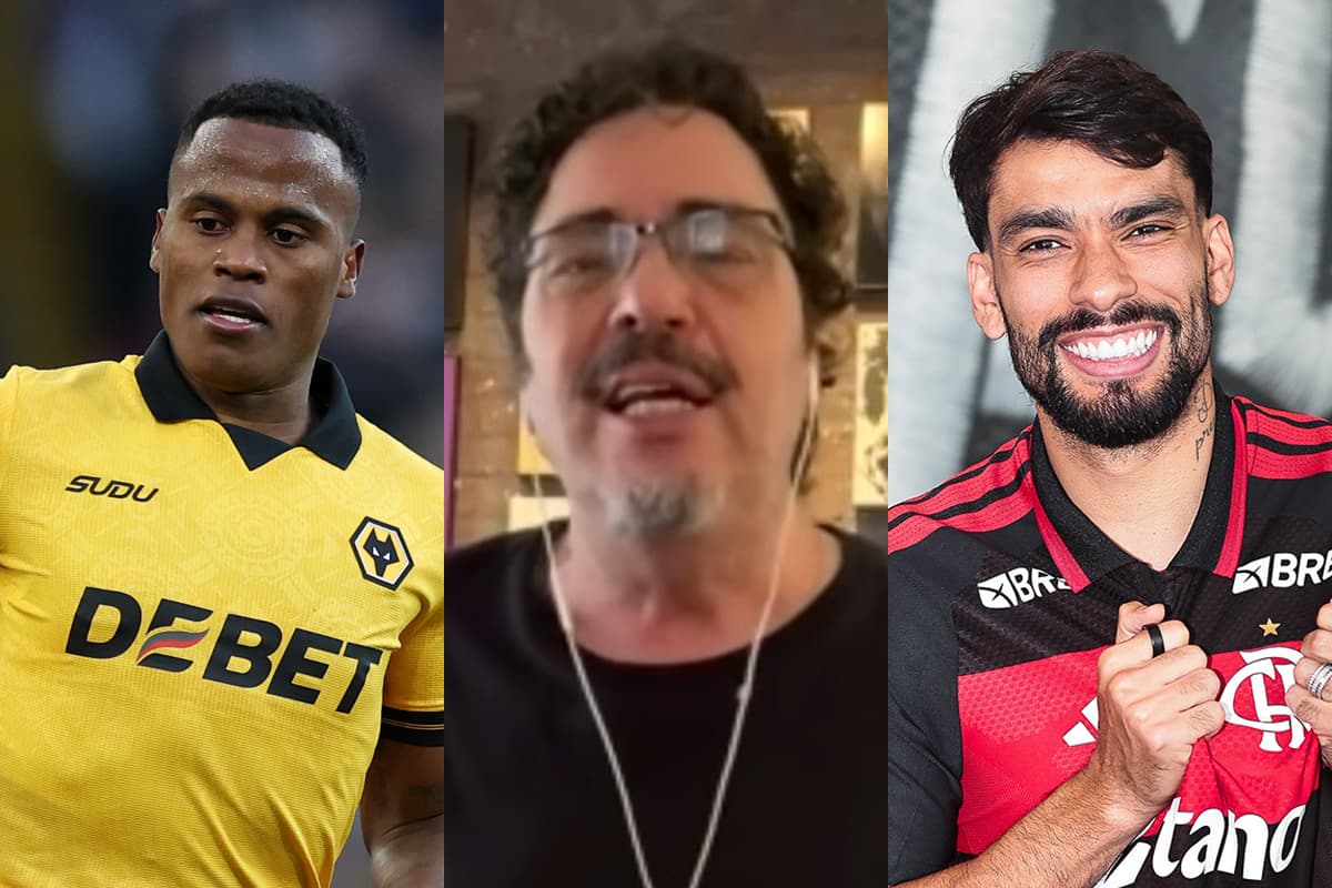 Montagem com John Arias durante partida do Wolves, Casagrande durante live do Uol e Paquetá no Ninho do Urubu com a camisa do Flamengo