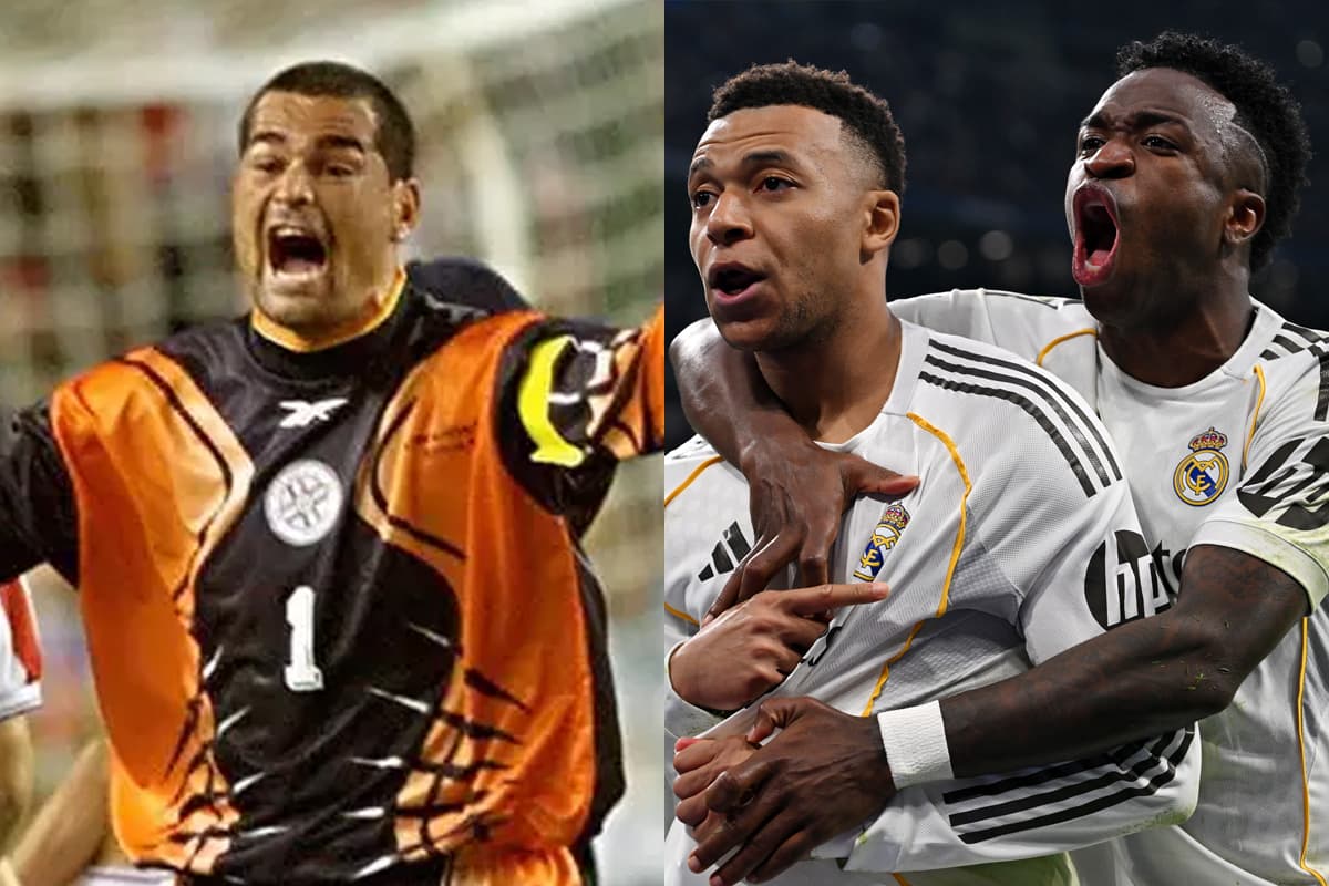 Chilavert  jogando pelo Paraguai e Vini Jr e Mbappé comemorando gol pelo Real Madrid