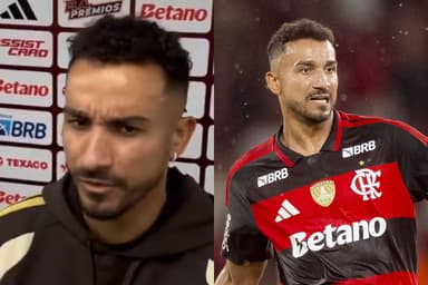 Danilo com a camisa do Flamengo e durante entrevista