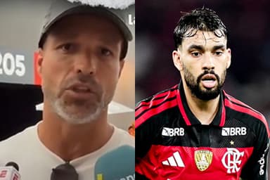 Diego Ribas durante entrevista e Lucas Paquetá durante jogo do Flamengo