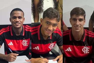 Ramirez, Ernest Muñoz e Josmar assinando contrato com o Flamengo