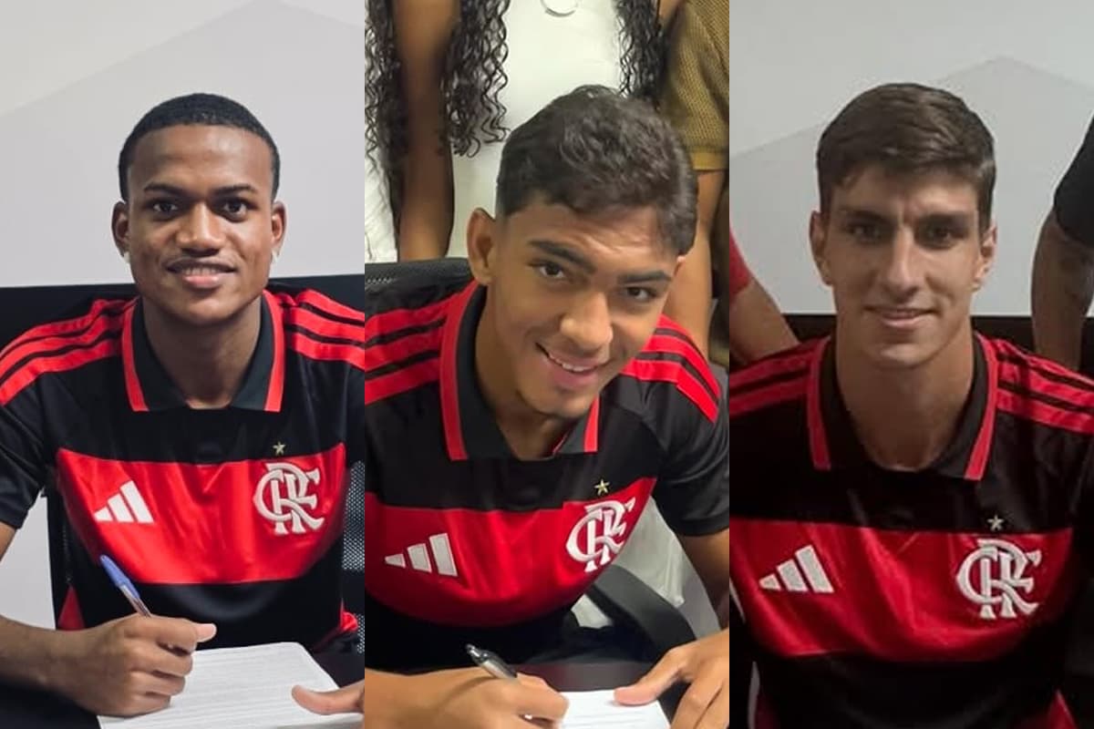 Ramirez, Ernest Muñoz e Josmar assinando contrato com o Flamengo