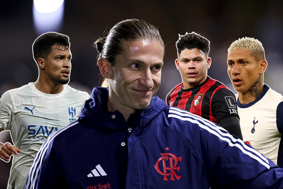 Filipe Luís, técnico do Flamengo e os jogadors Marcos Leonardo, Evanilson e Richarlison