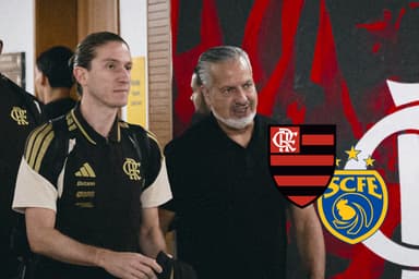 Filipe Luís e José Boto durante chegada ao Maracanã. Ao lado, os escudos de Flamengo e Sampaio Corrêa
