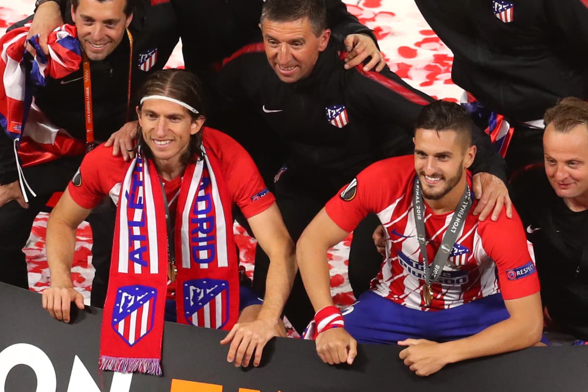 Filipe Luís e Koke no Atlético de Madrid comemorando título da Europa League