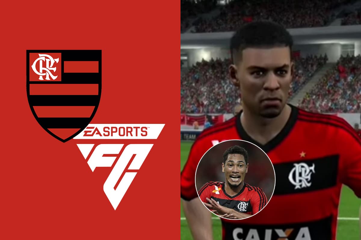 Montagem com escudo do Flamengo e logo do EA FC, ao lado, fotos de Hernane Brocador no FIFA 14 e na vida real