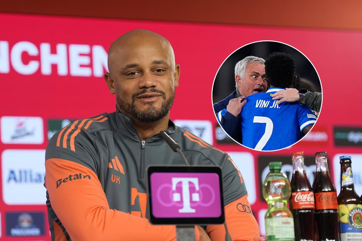 Vincent Kompany ao lado de foto de Mourinho e Vini Jr