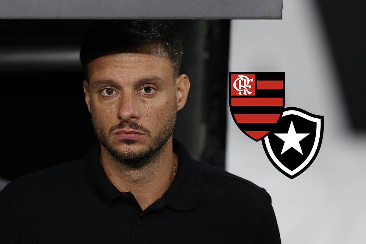 Martín Anselmi, técnico do Botafogo, ao lado dos escudos de Flamengo e Botafogo