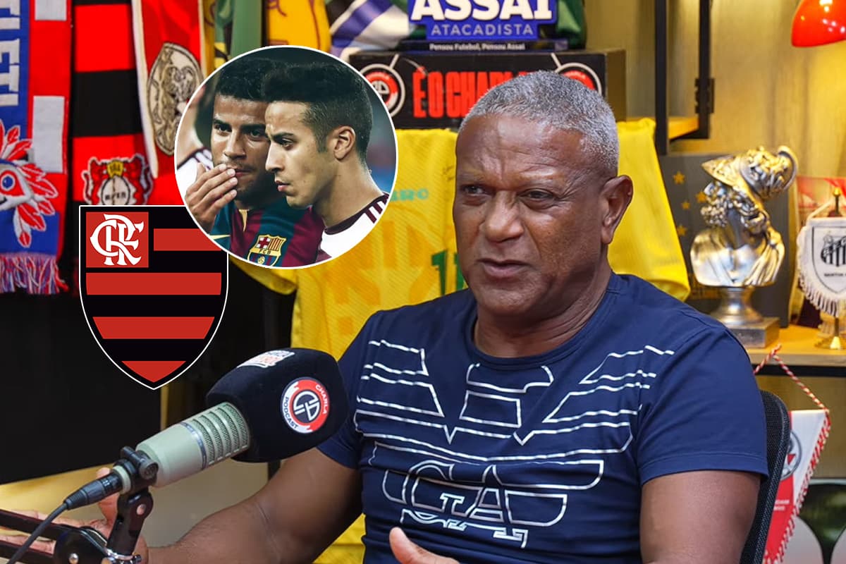 Mazinho durante o Charla Podcast ao lado do escudo do Flamengo e foto de Rafinha e Thiago Alcântara juntos