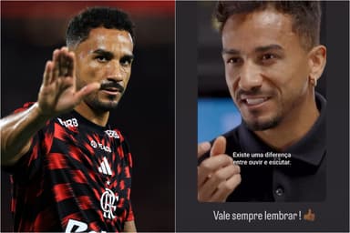 Montagem com Danilo com semblante sério em aquecimento pelo Flamengo e print dos stories do jogador com mensagem sobre racismo vista como indireta para Filipe Luís