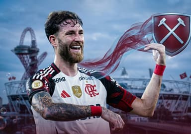 Montagem usando foto de Léo Pereira comemorando gol pelo Flamengo e elementos como escudo e estádio do West Ham