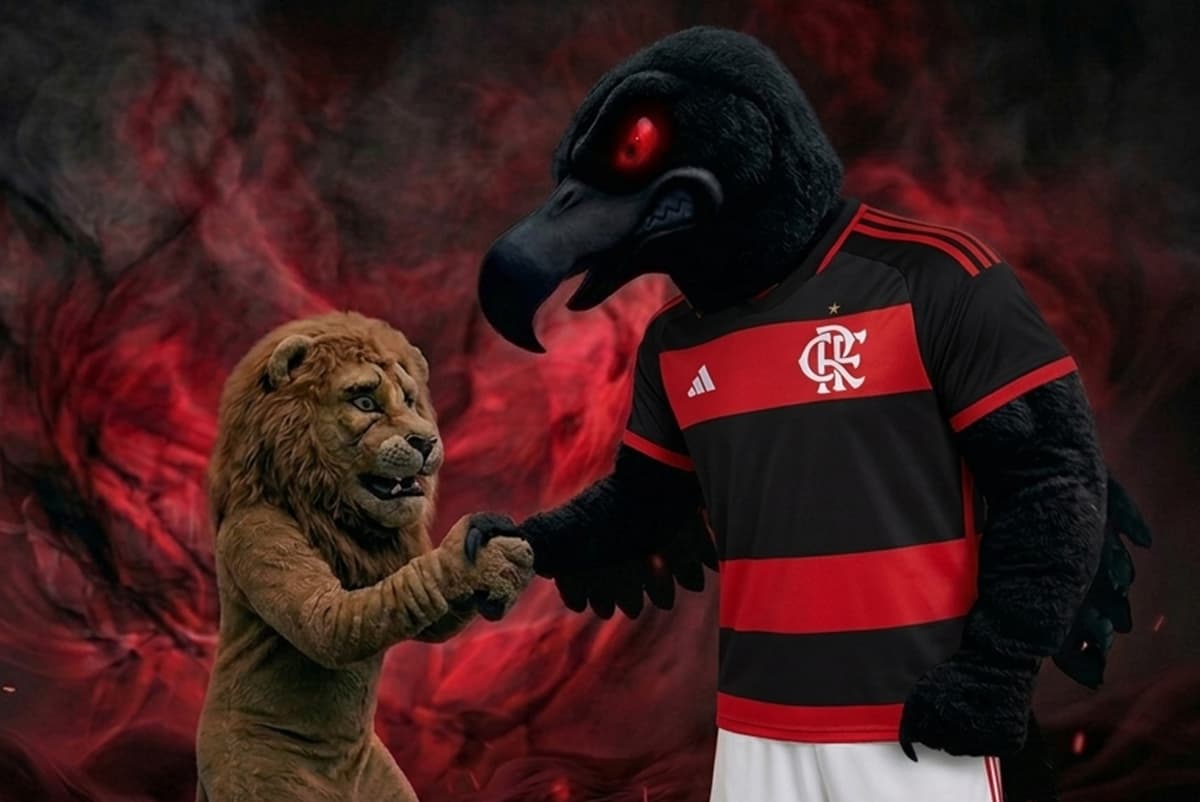 Imagem com um urubu musculoso e olhos vermelhos com cara de mal e vestido de Flamengo apertando a "mão" de um leão com semblante amedrontado; o fundo com fumaças rubro-negras