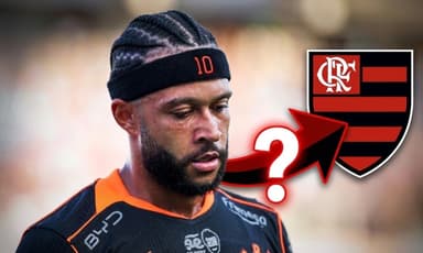 Montagem de Memphis Depay pelo Corinthians com seta indicando possível ida ao Flamengo