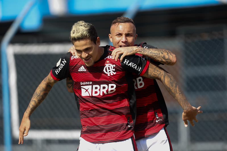Pedro e Cebolinha comemora gol do Flamengo; jornalistas colocaram dupla titular de Pedro atrás de ataques de Fluminense e Atlético-MG