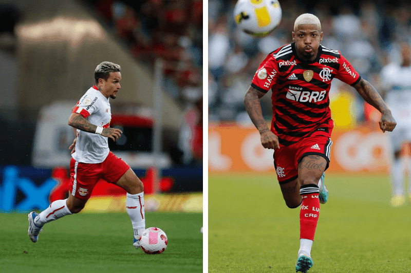 Mosaico com Artur e Marinho atuando respectivamente por Bragantino e Flamengo