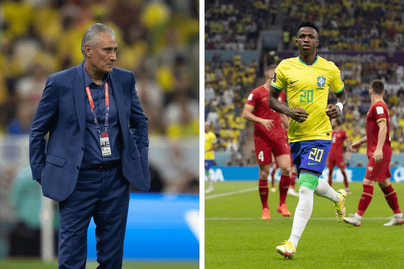 Em mosaico, Tite à direita e Vinícius Júnior à esquerda