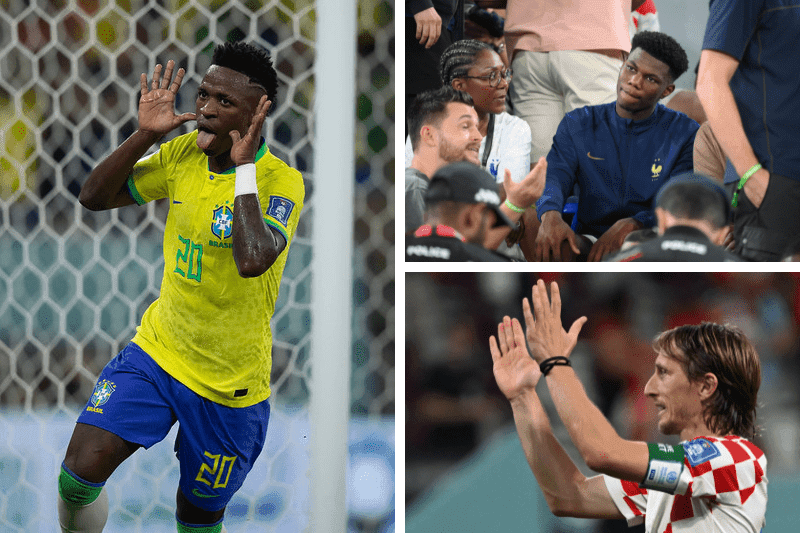 Em mosaico, Vinícius Jr. à esquerda, Tchouaméni em cima e Modrić em baixo