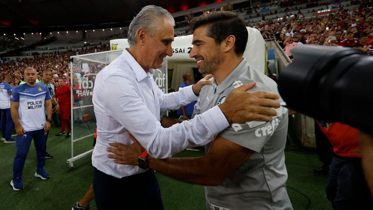 Tite e Abel se cumprimentam em jogo da Copa do Brasil, no maracanã