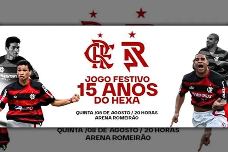 Banner de divulgação do jogo festivo de Ronaldo Angelim em homenagem aos 15 anos do hexa do Flamengo; do lado esquerdo foto dele comemorando e na direita Adriano Imperador