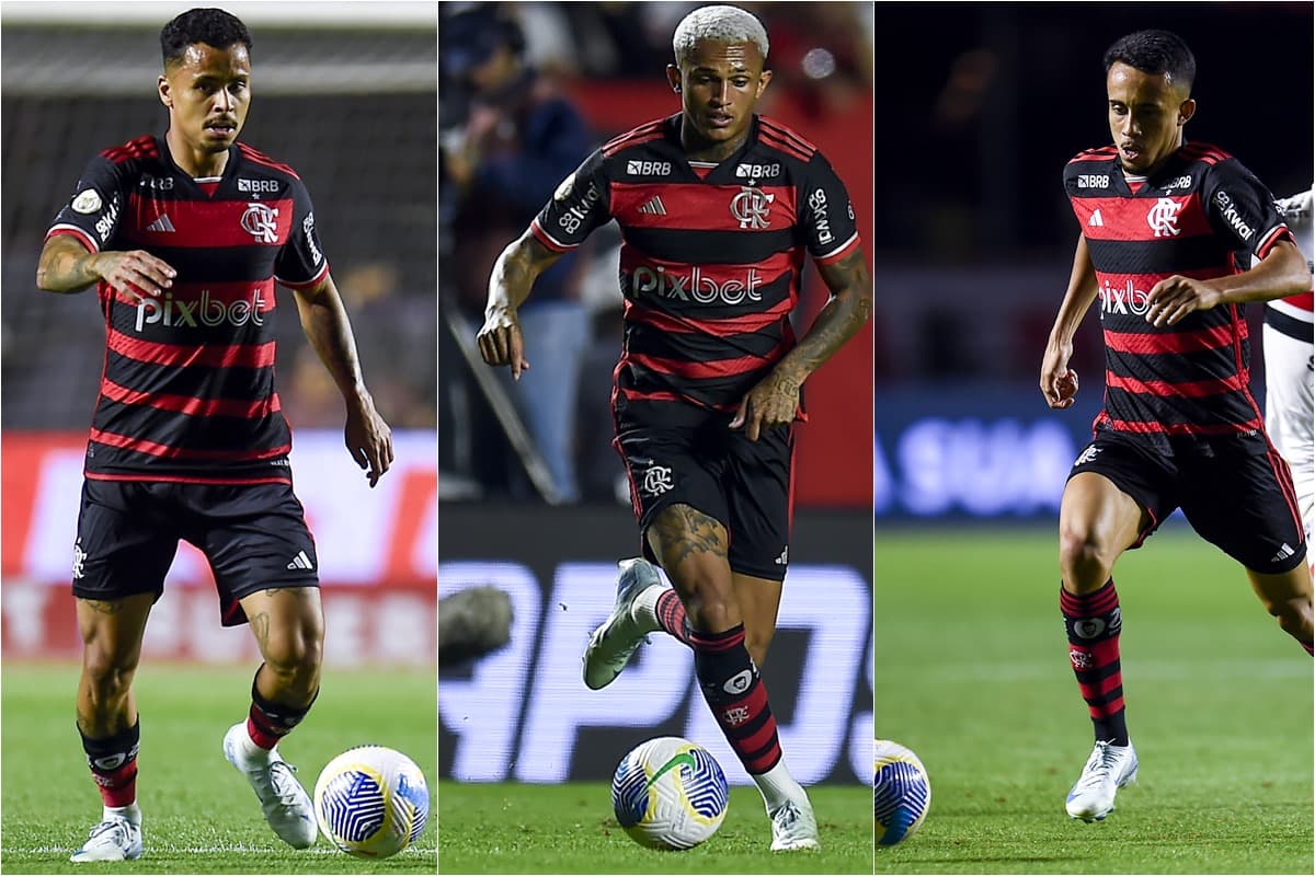 Allan (à esquerda), Wesley (no centro) e Matheus Gonçalves (à direita) em campo conduzindo a bola durante São Paulo 1x0 Flamengo pelo Brasileirão 2024