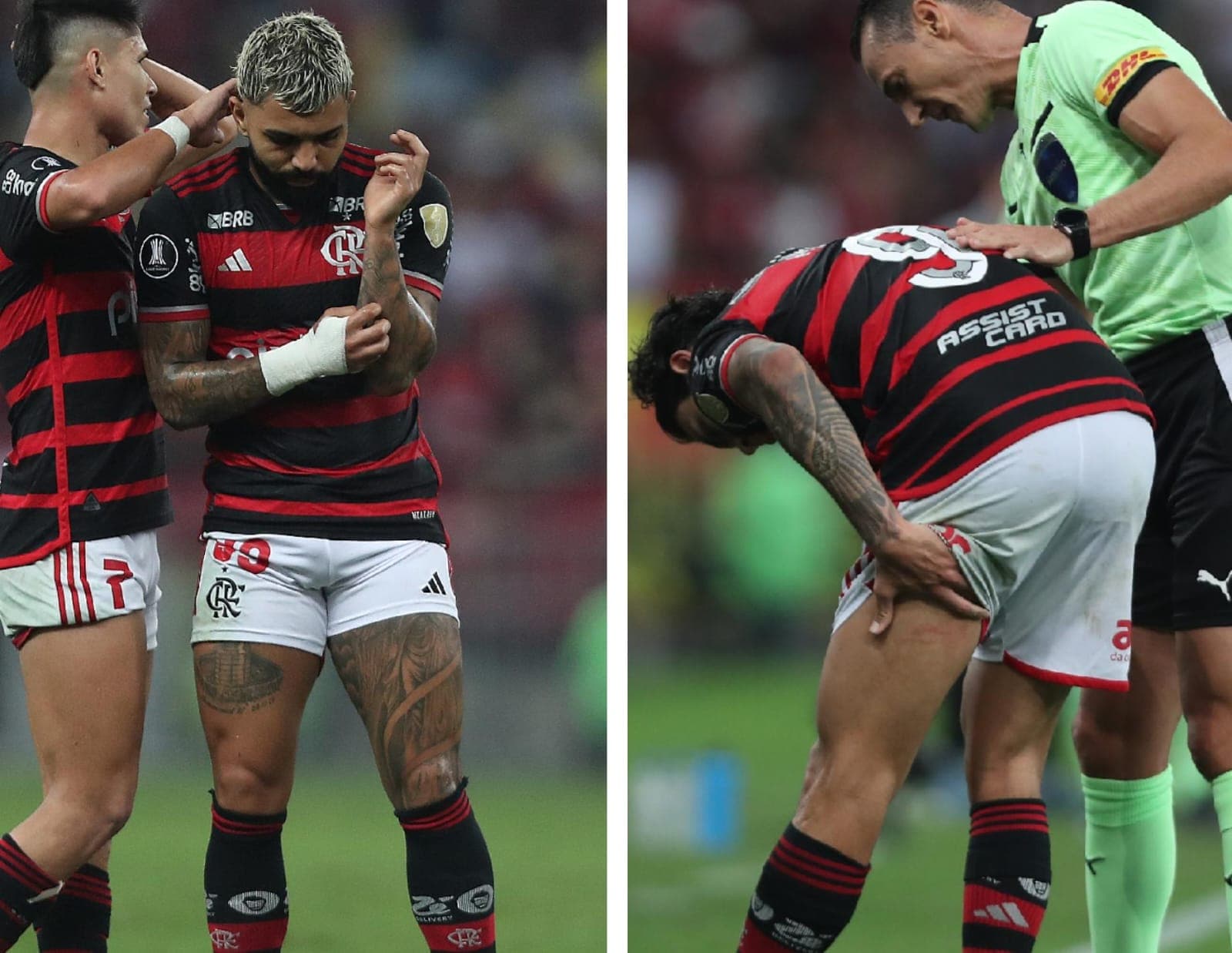 Gabigol coça braço e Pedro estica a perna e sente a posterior da coxa