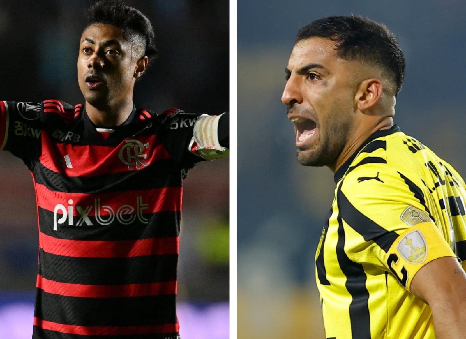 Bruno Henrique comemora gol e Maxi Olivera pelo Peñarol