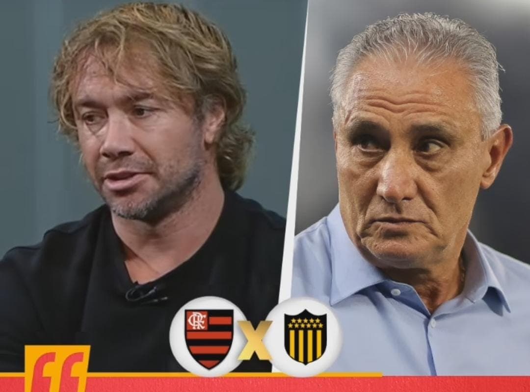 Lugano projeta Flamengo x Peñarol em arte da ESPN com Tite ao lado e escudos das equipes
