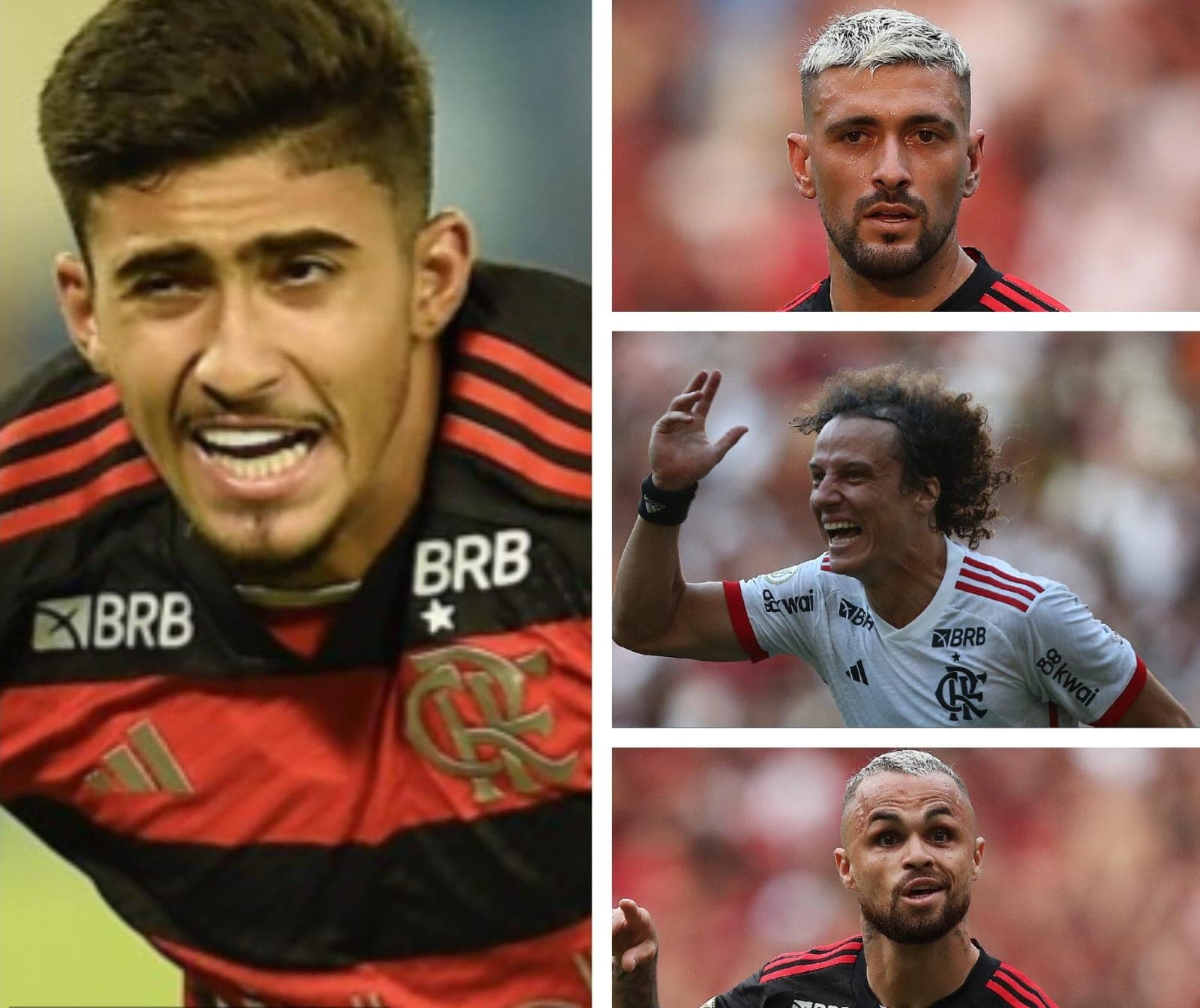 Guilherme comemora gol pelo Flamengo; Arrascaeta, David Luiz e Michael, citados pelo jogador, ao lado