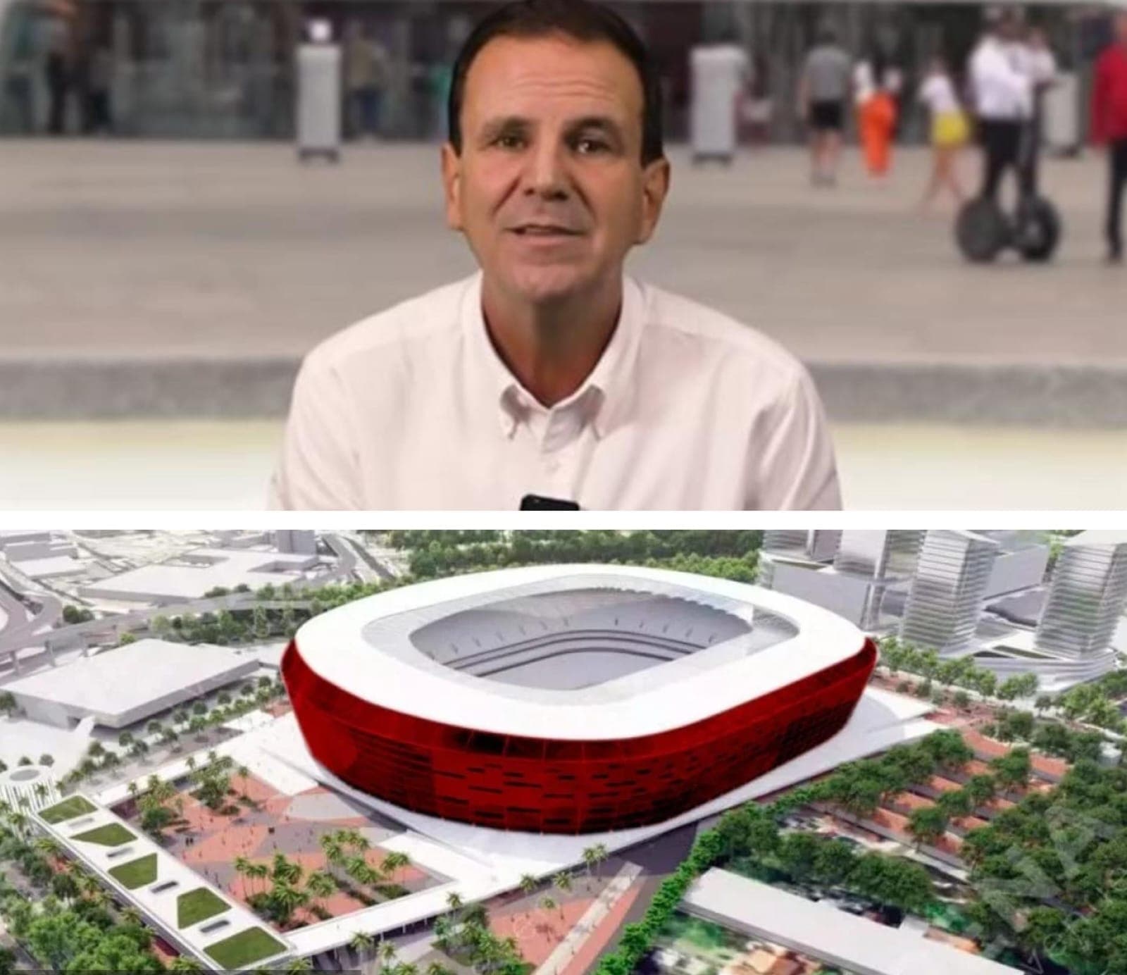 Eduardo Paes acima e ilustração do estádio do Flamengo no Gasômetro