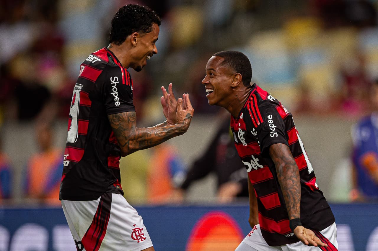 Wallace Yan comemora gol do Flamengo com o volante Allan