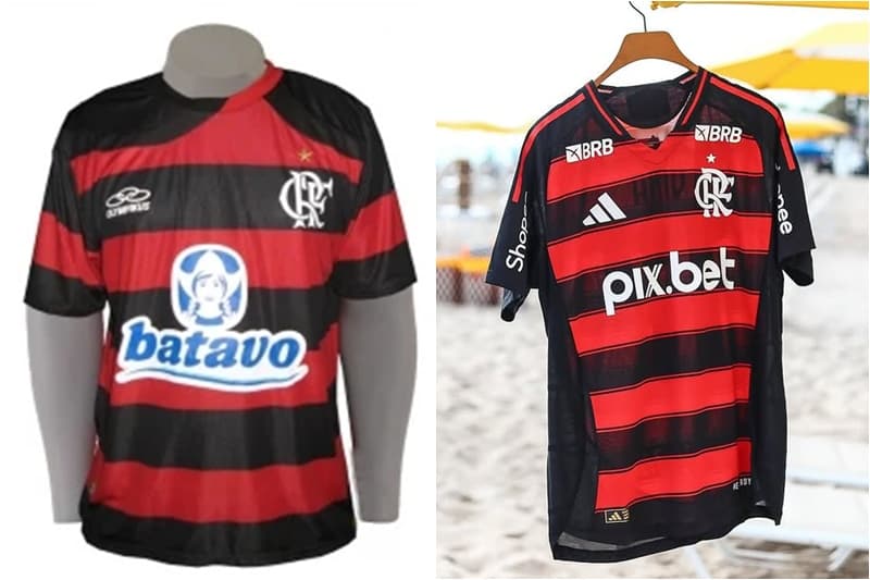 Montagem com o uniforme do Flamengo de 2010, com patrocínio da Batavo, e o Manto Sagrado de 2025, com patrocínio da Pixbet